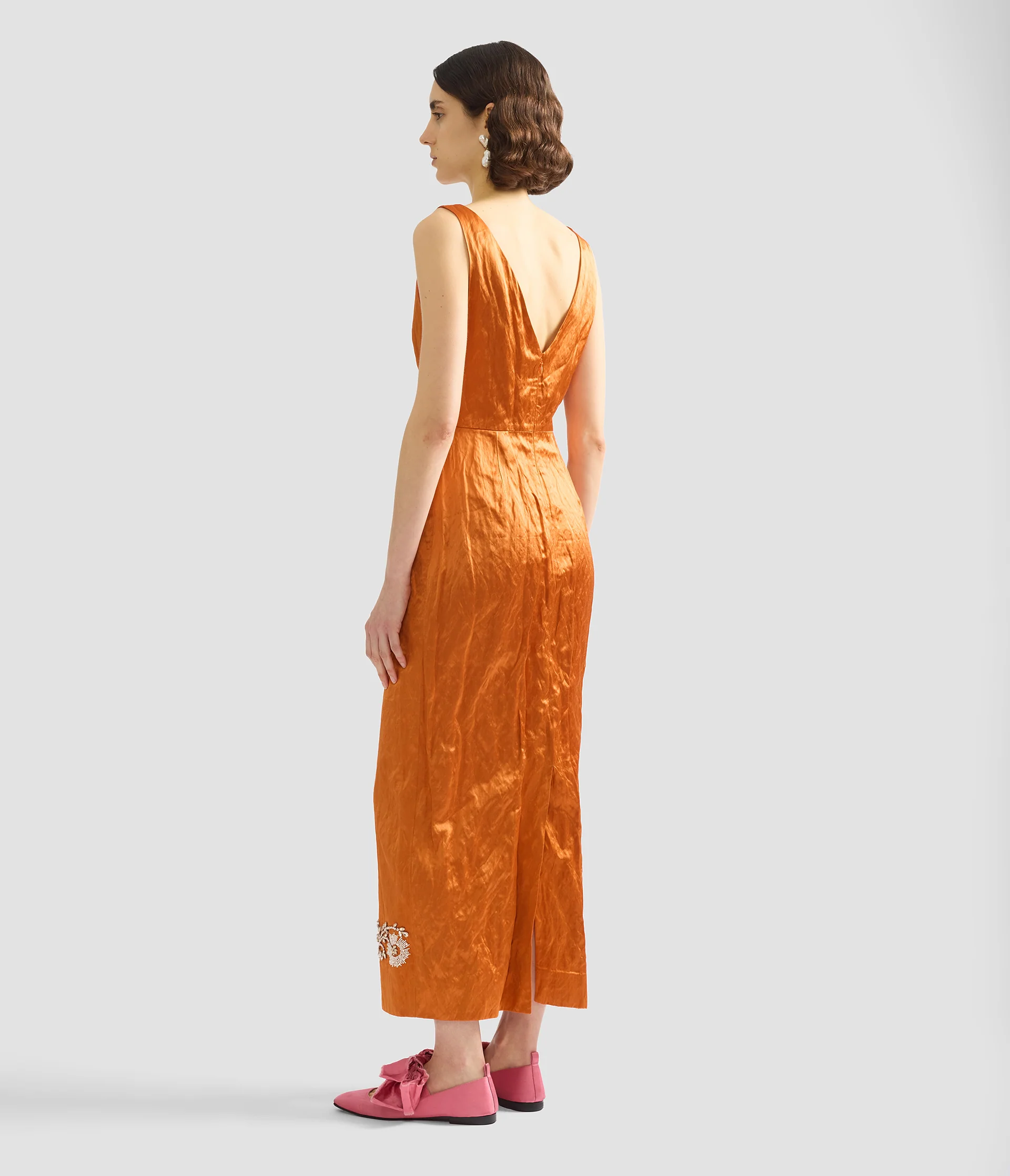 Embellished Textured Satin Midi Pencil Dress - Image 3