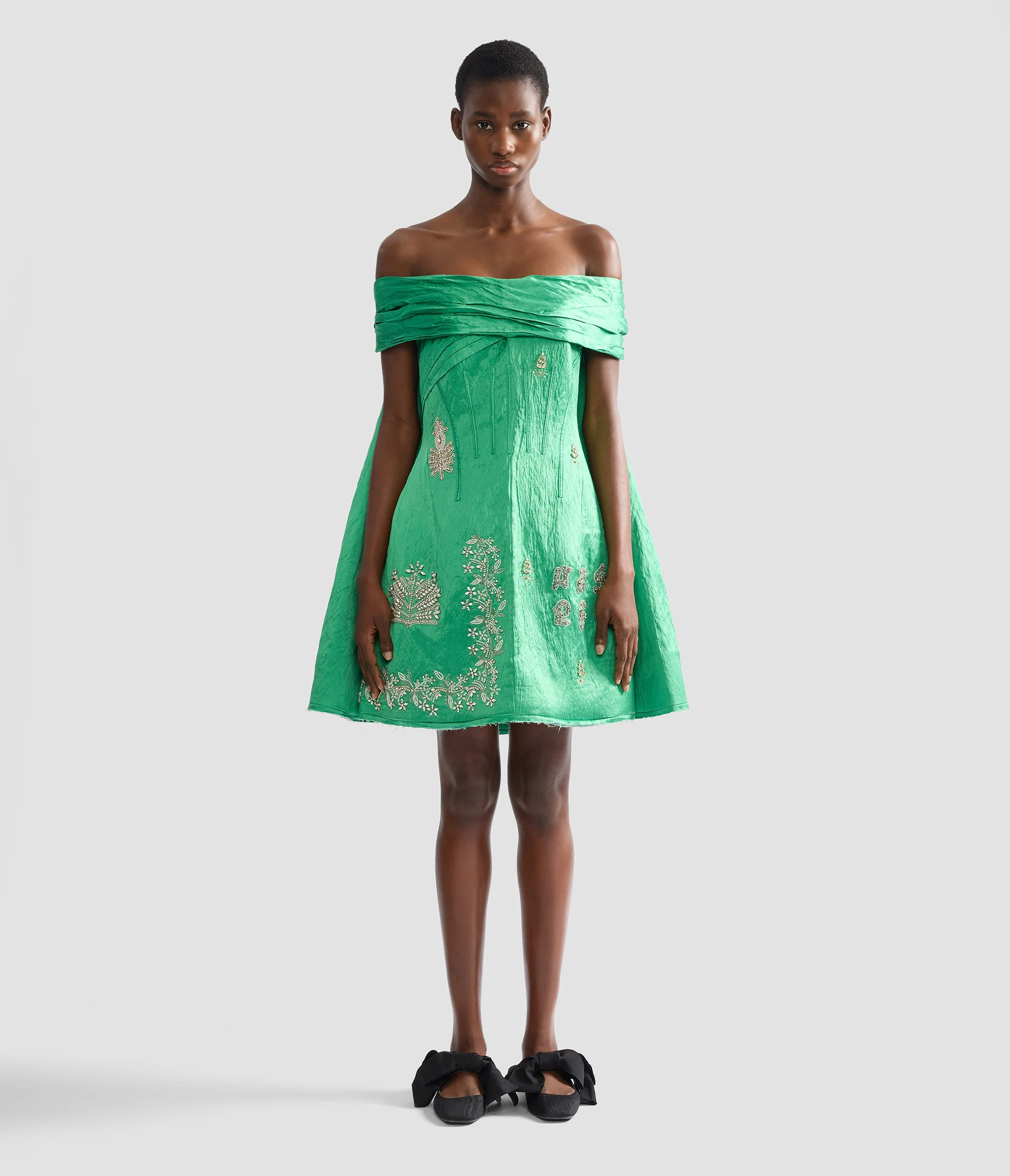 Embellished Textured Satin Off Shoulder Mini Dress - Image 3