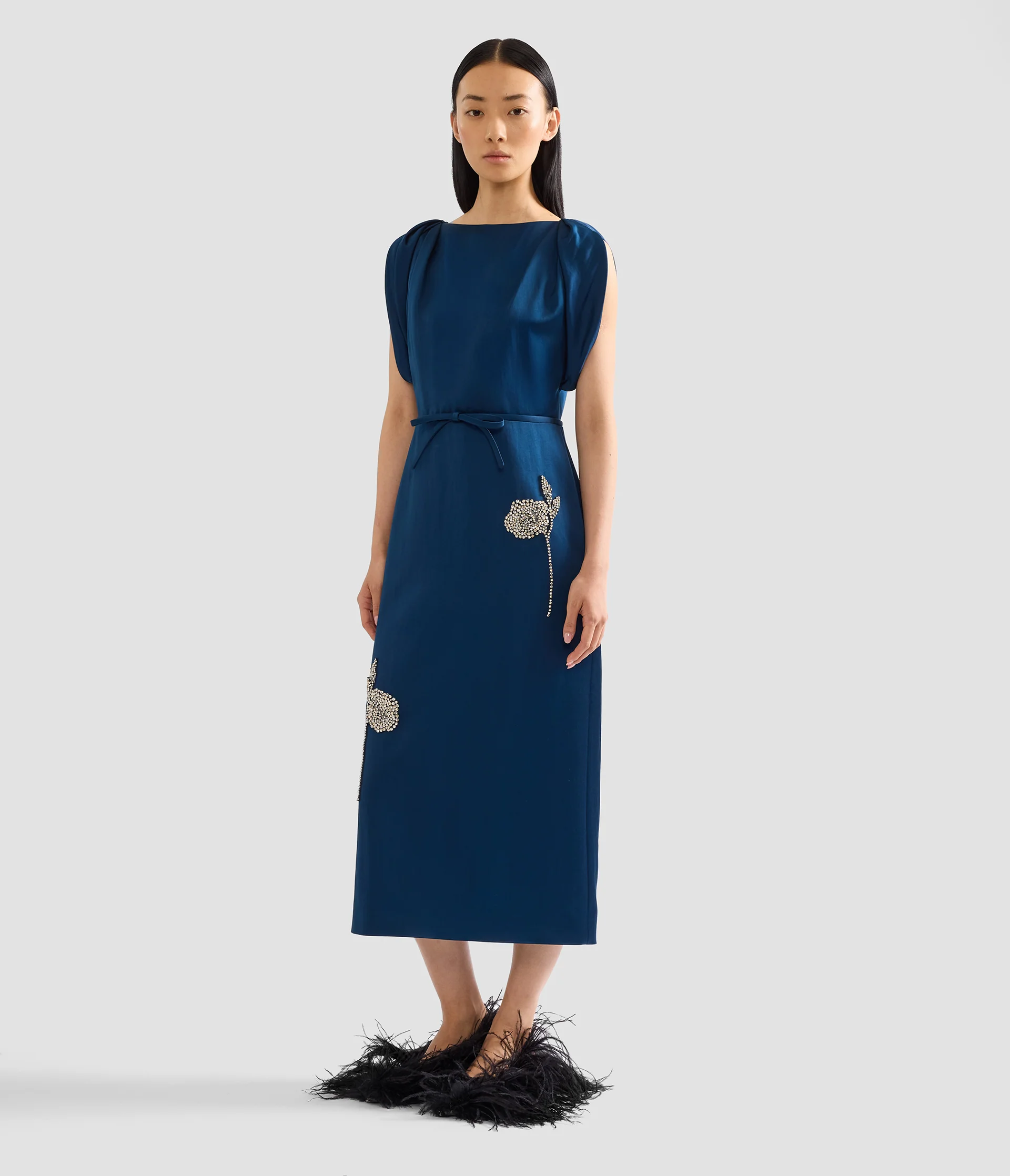 Embroidered Satin Short Sleeve Midi Dress - Image 2