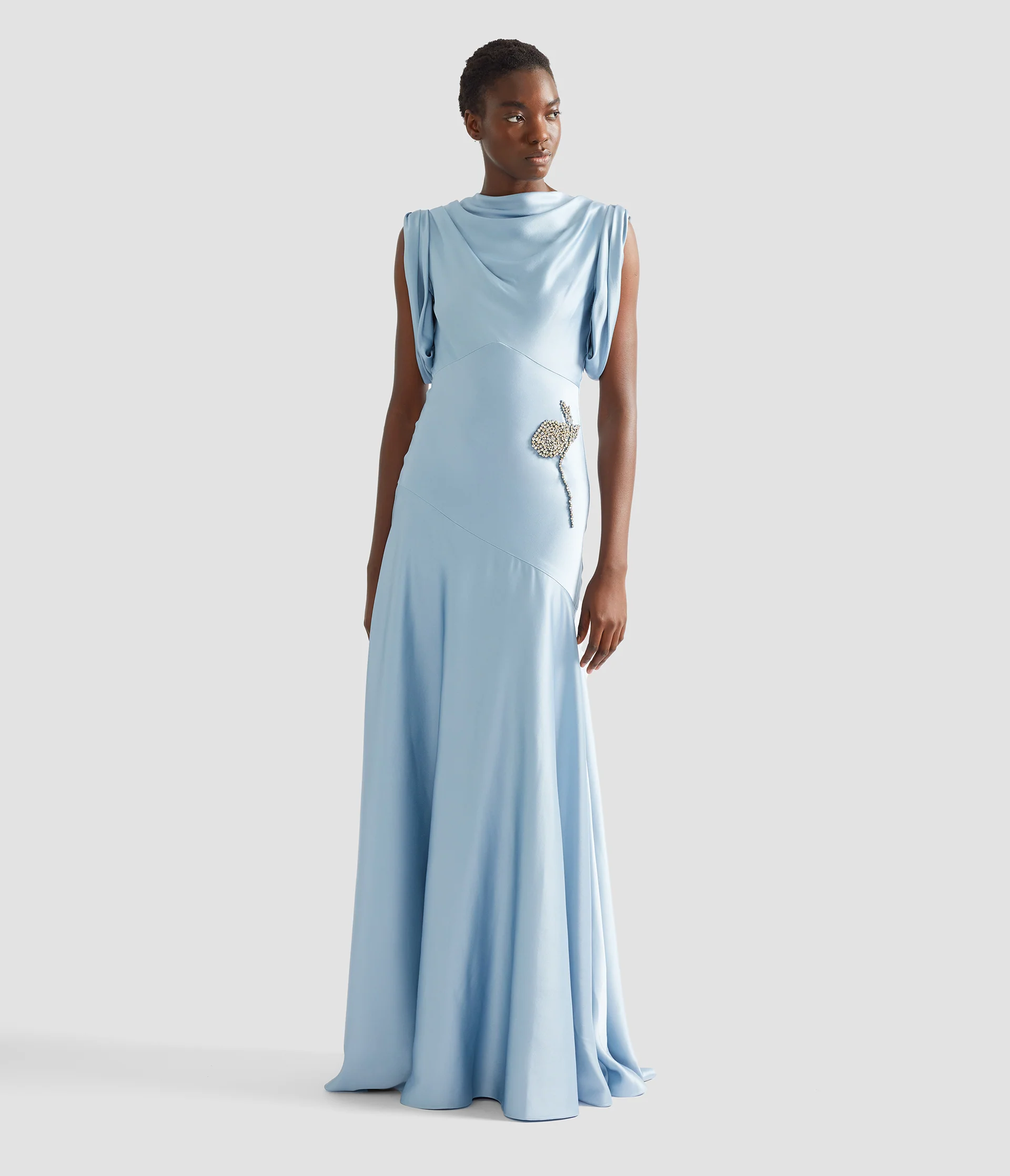 Embroidered Satin Sleeveless Gown - Image 2