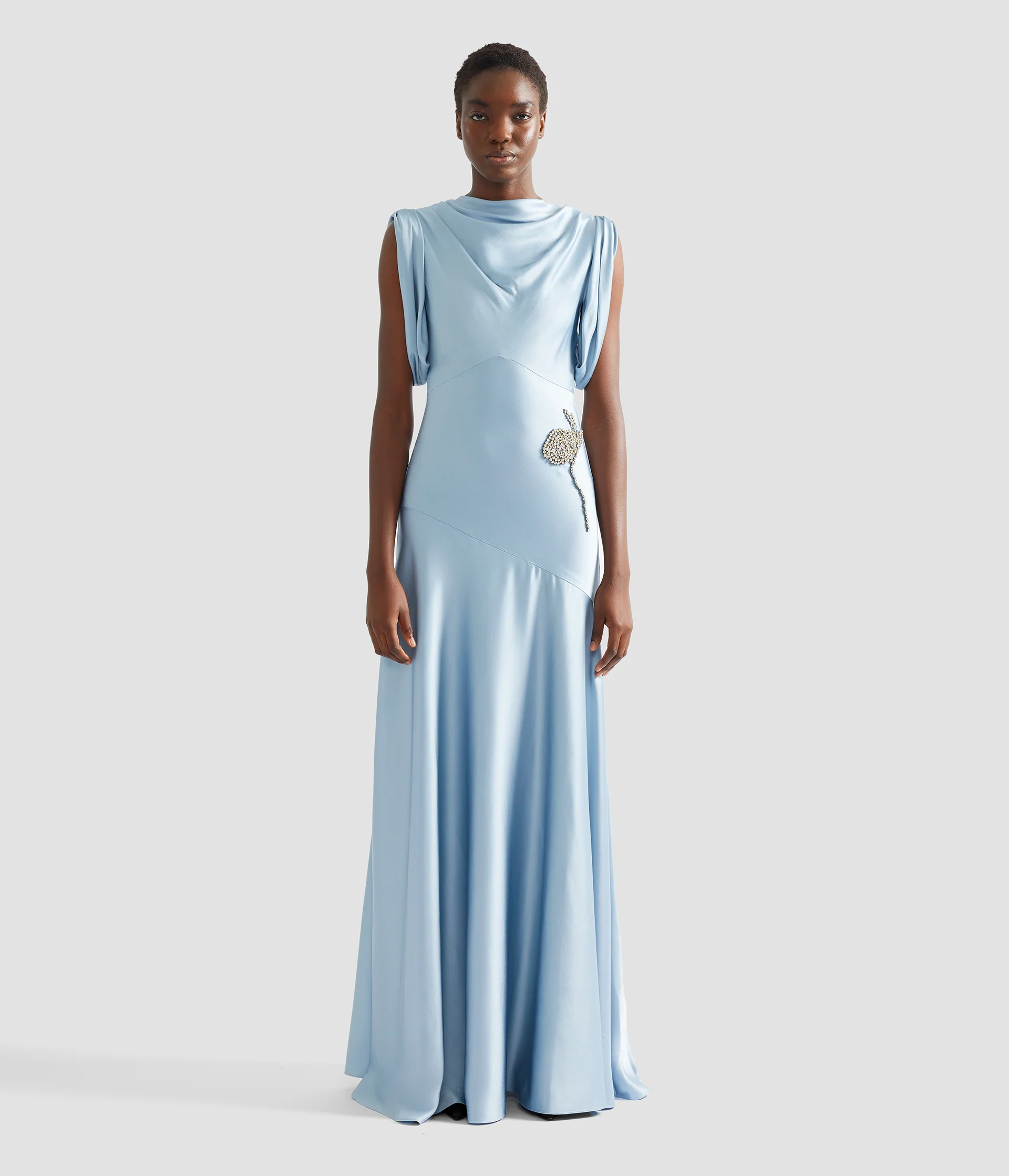 Embroidered Satin Sleeveless Gown - Image 4