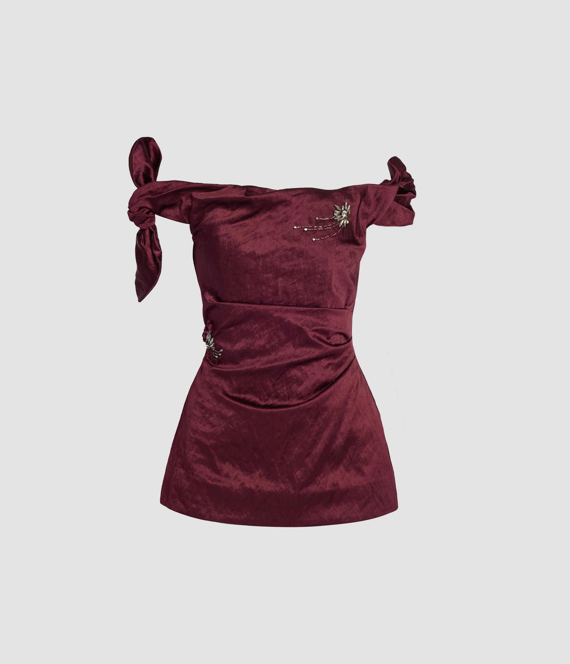 Embroidered Textured Satin Off-the-Shoulder Top
