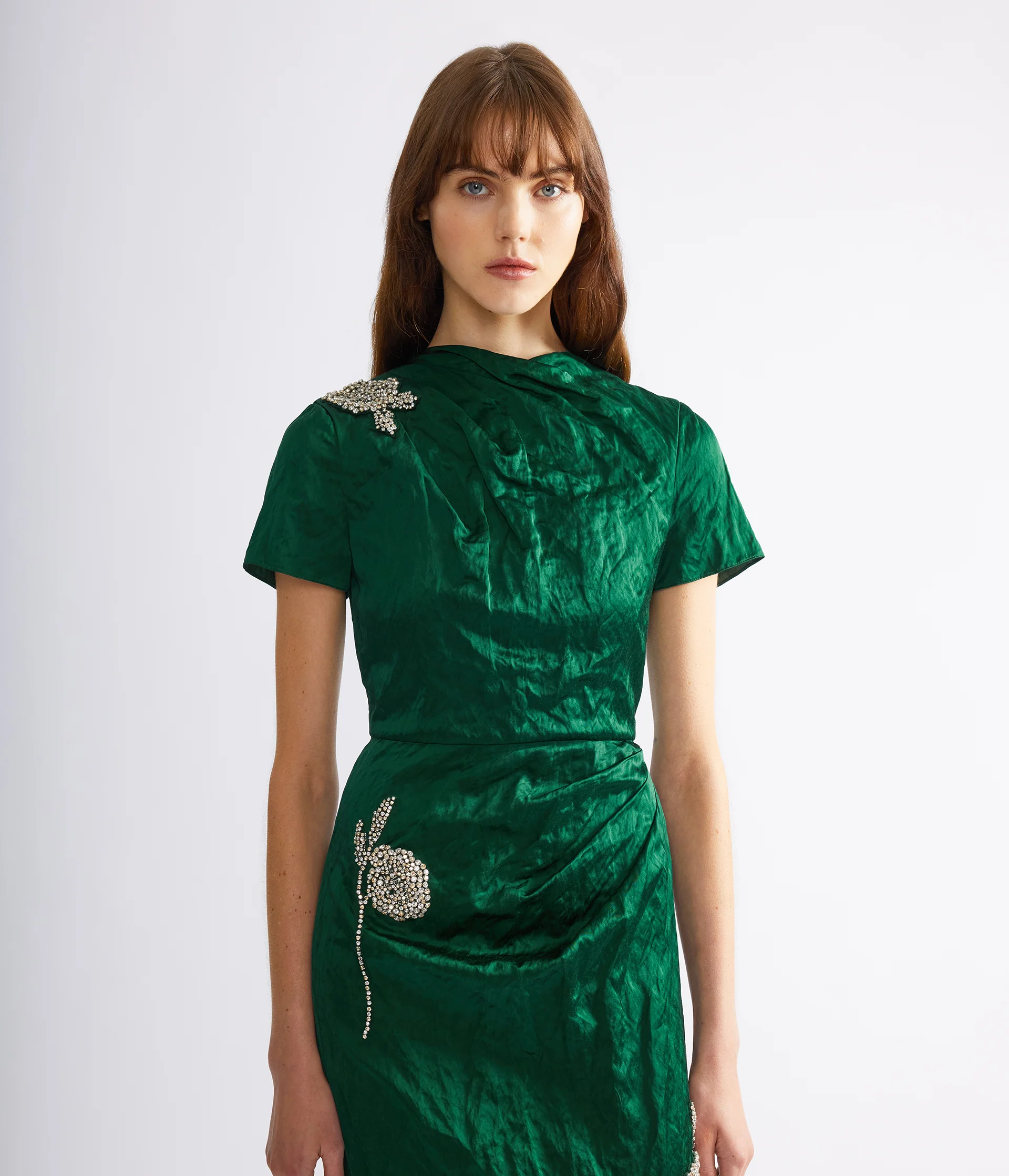 Embroidered Textured Satin Short Sleeve Gown - Image 6