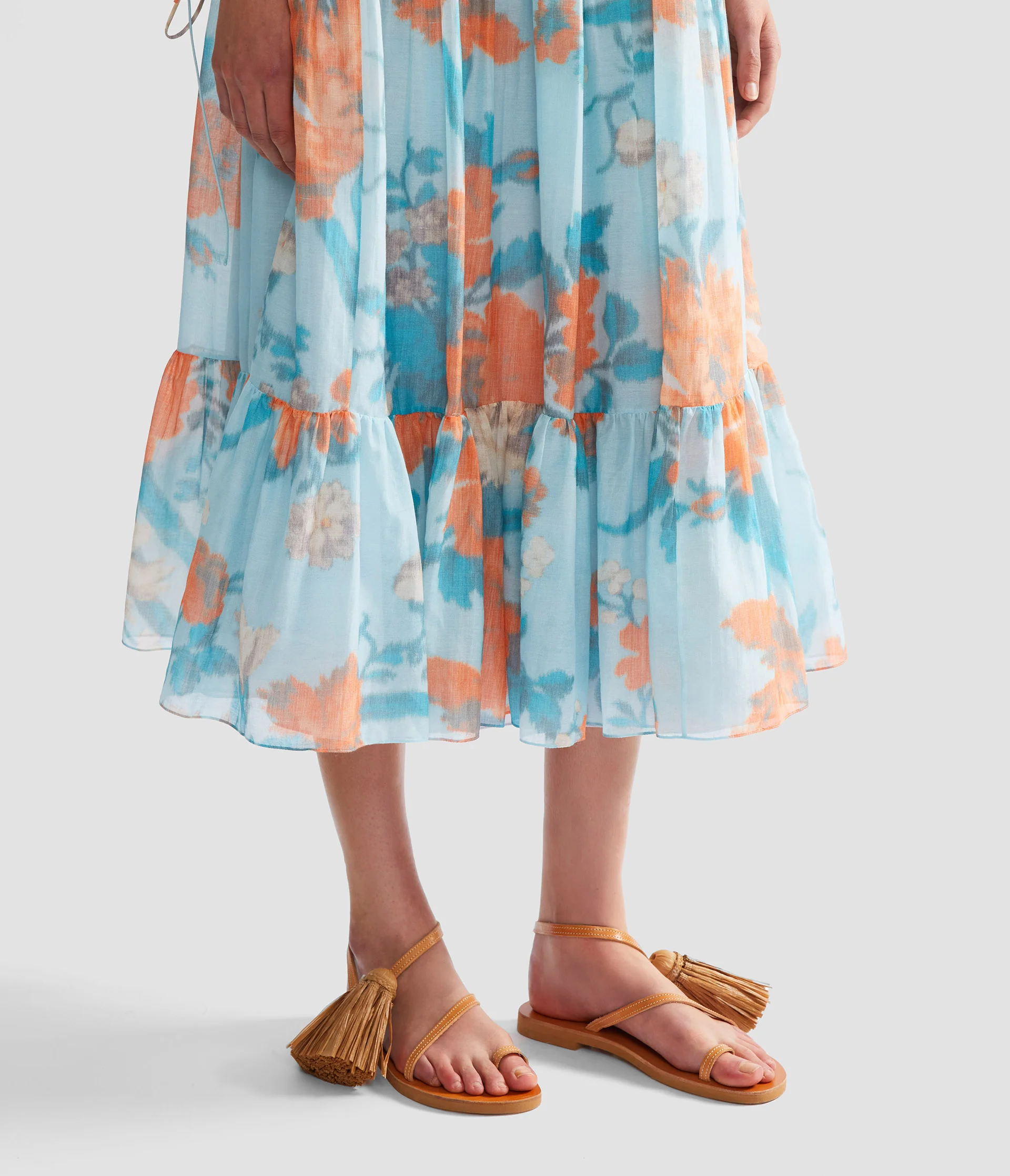 Floral Print Cotton Silk Voile Tiered Full Midi Skirt - Image 5