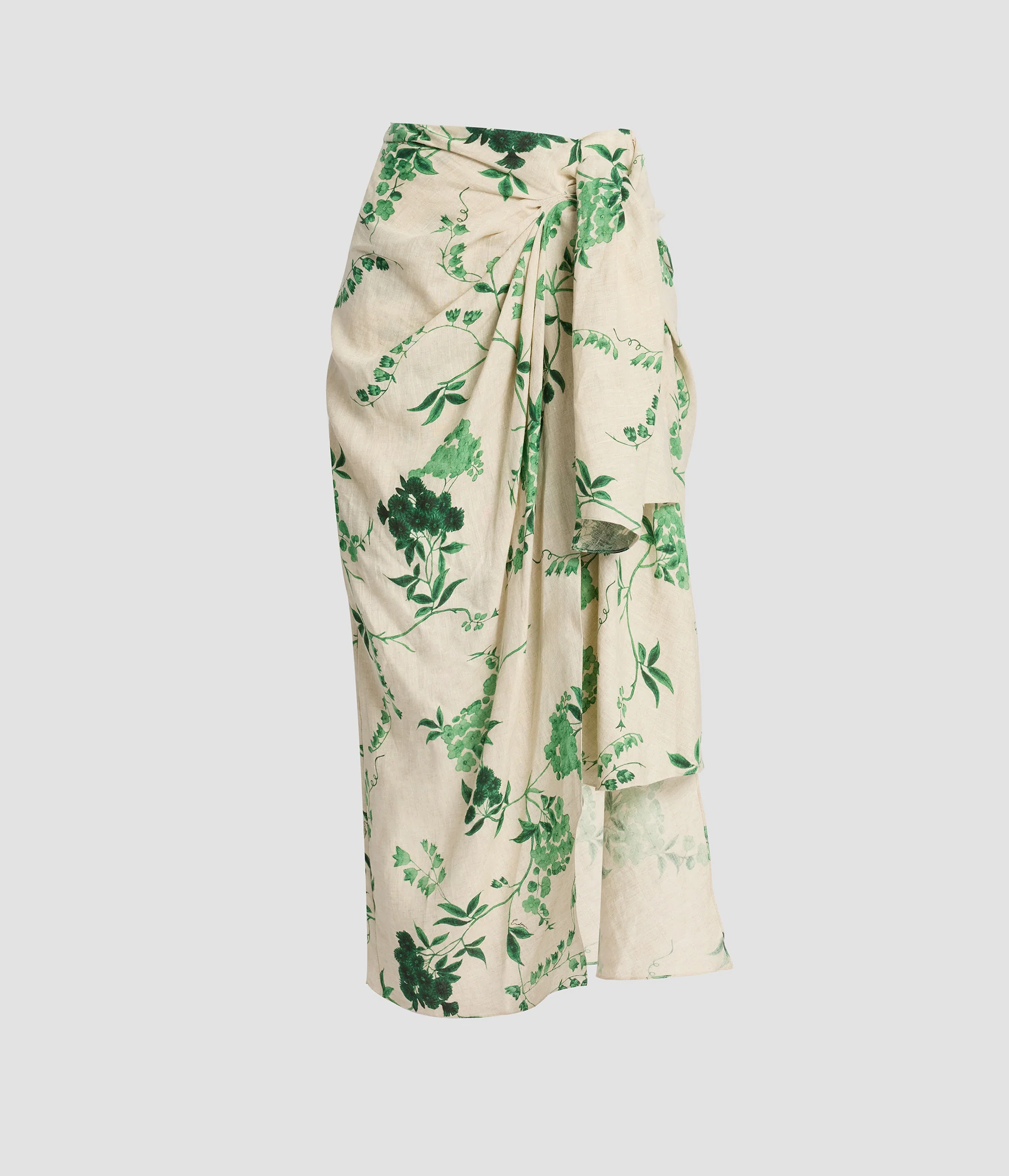 Floral Print Linen Drape Midi Skirt