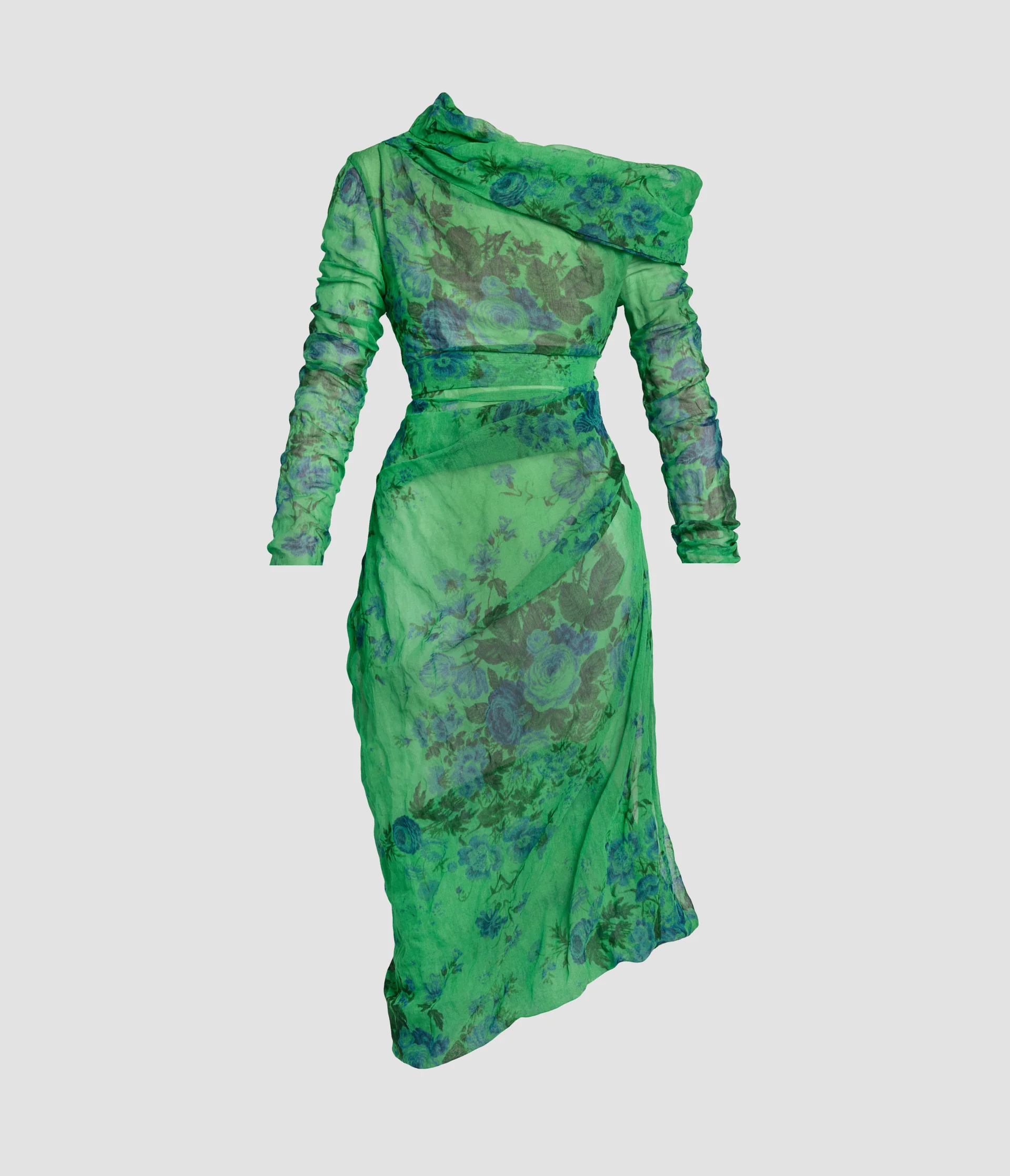 Floral Print Organza Cloque Draped Midi Dress