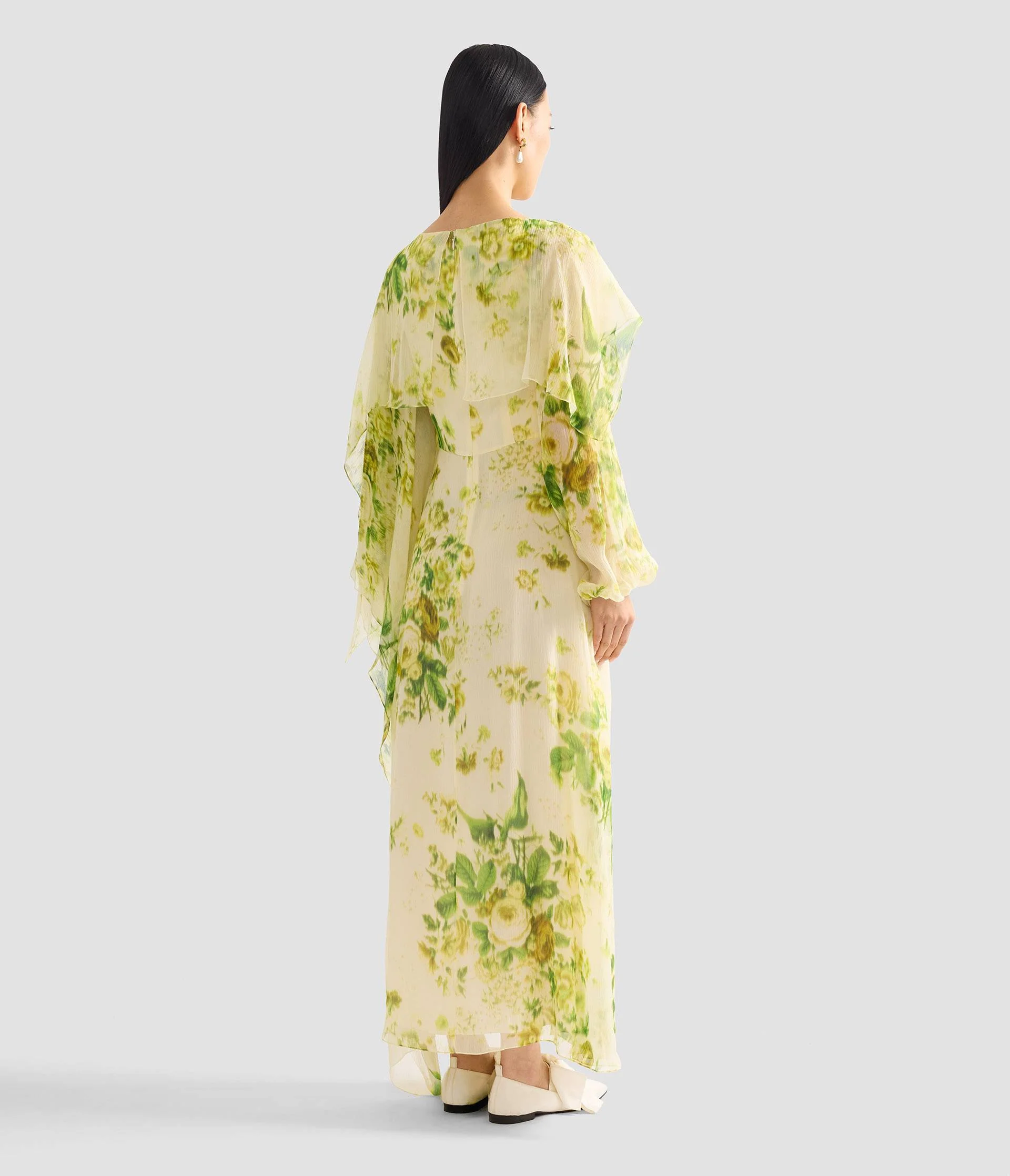 Floral Print Silk Creponne Draped Midi Dress - Image 3