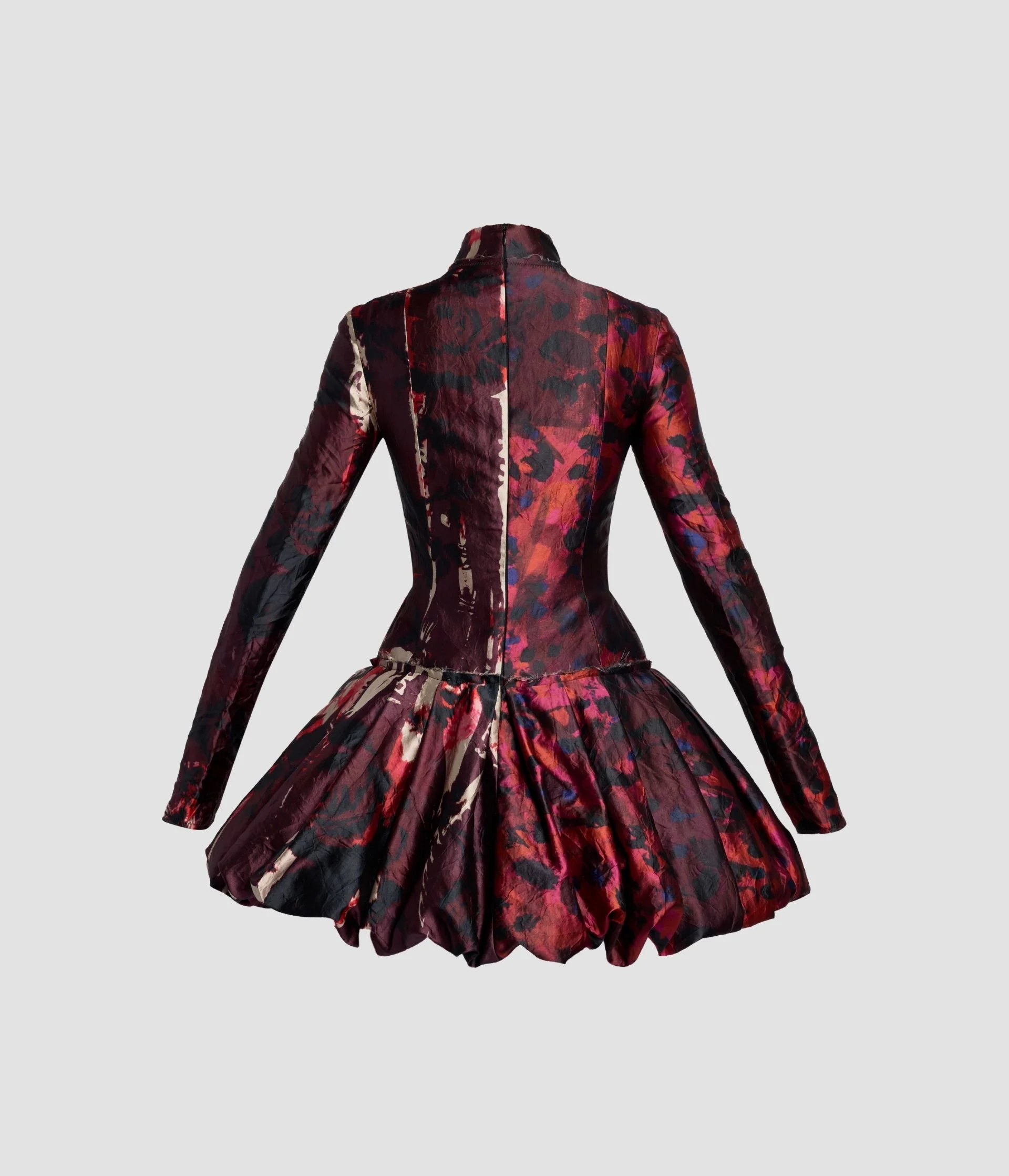 Floral Print Textured Satin Long Sleeve Dress - Image 3