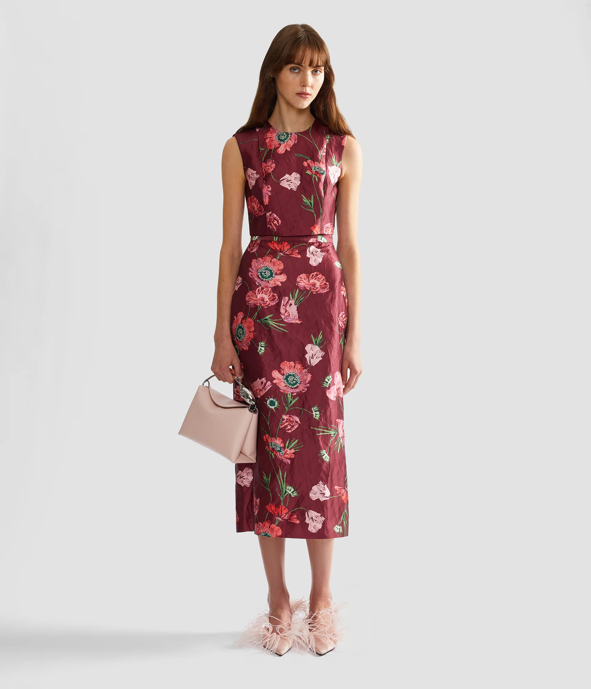 Floral Textured Satin Midi Pencil Skirt - Image 2