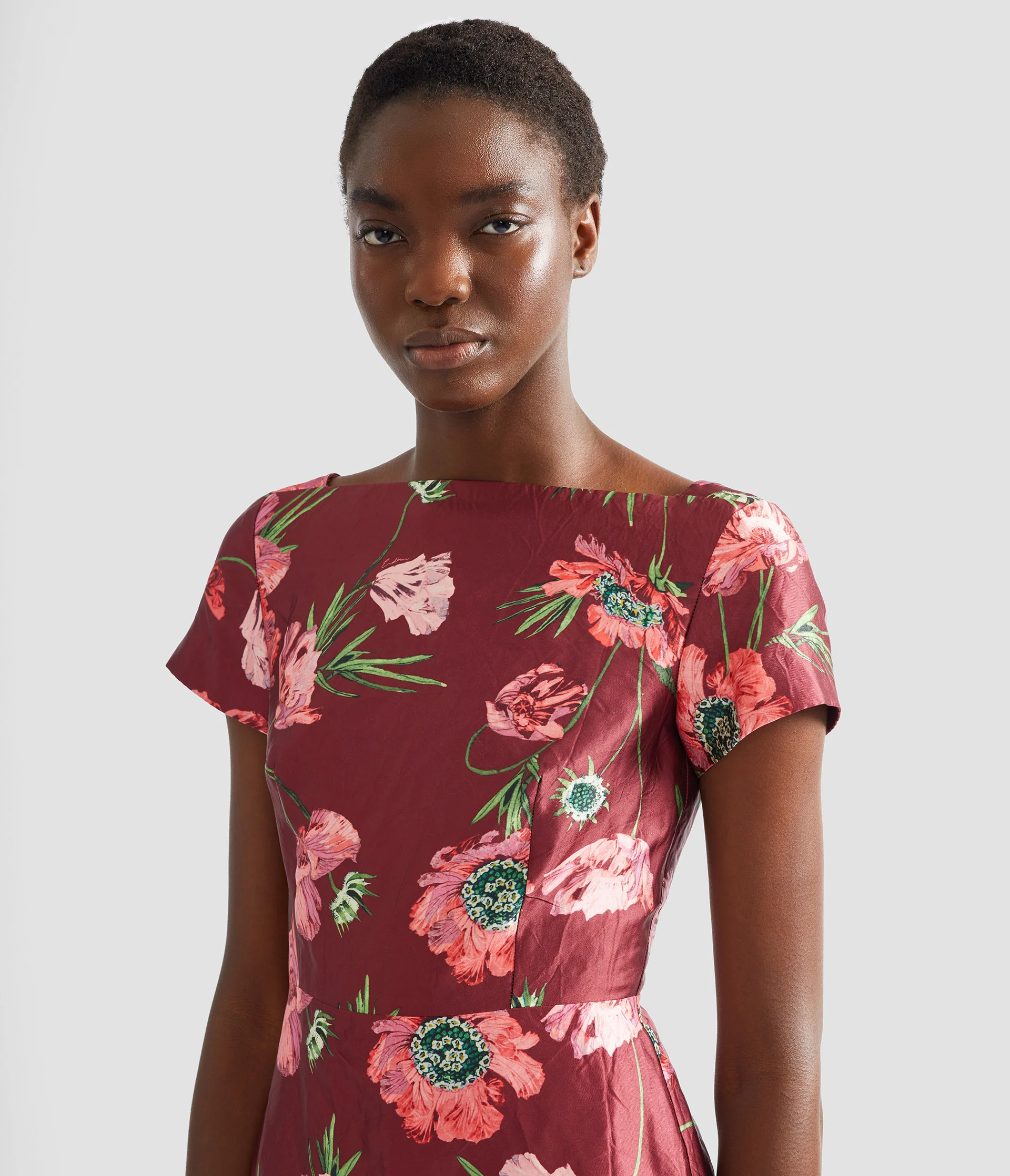 Floral Textured Satin Short Sleeve Gown - Image 5