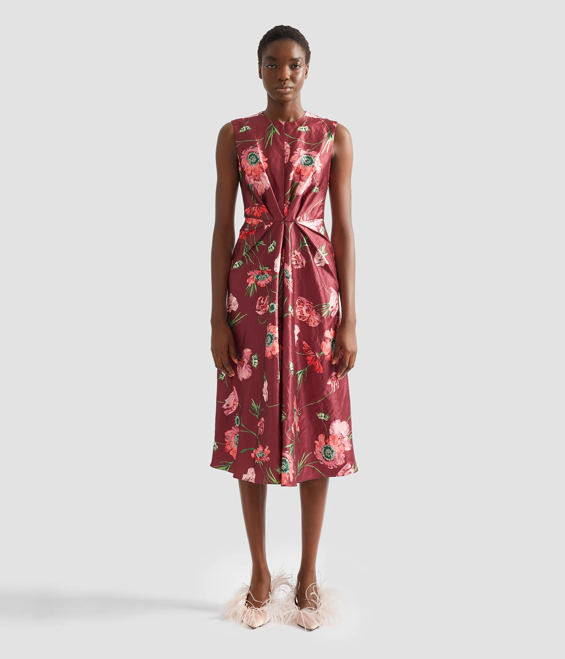 Floral Textured Satin Sleeveless Midi Dress - Image 4