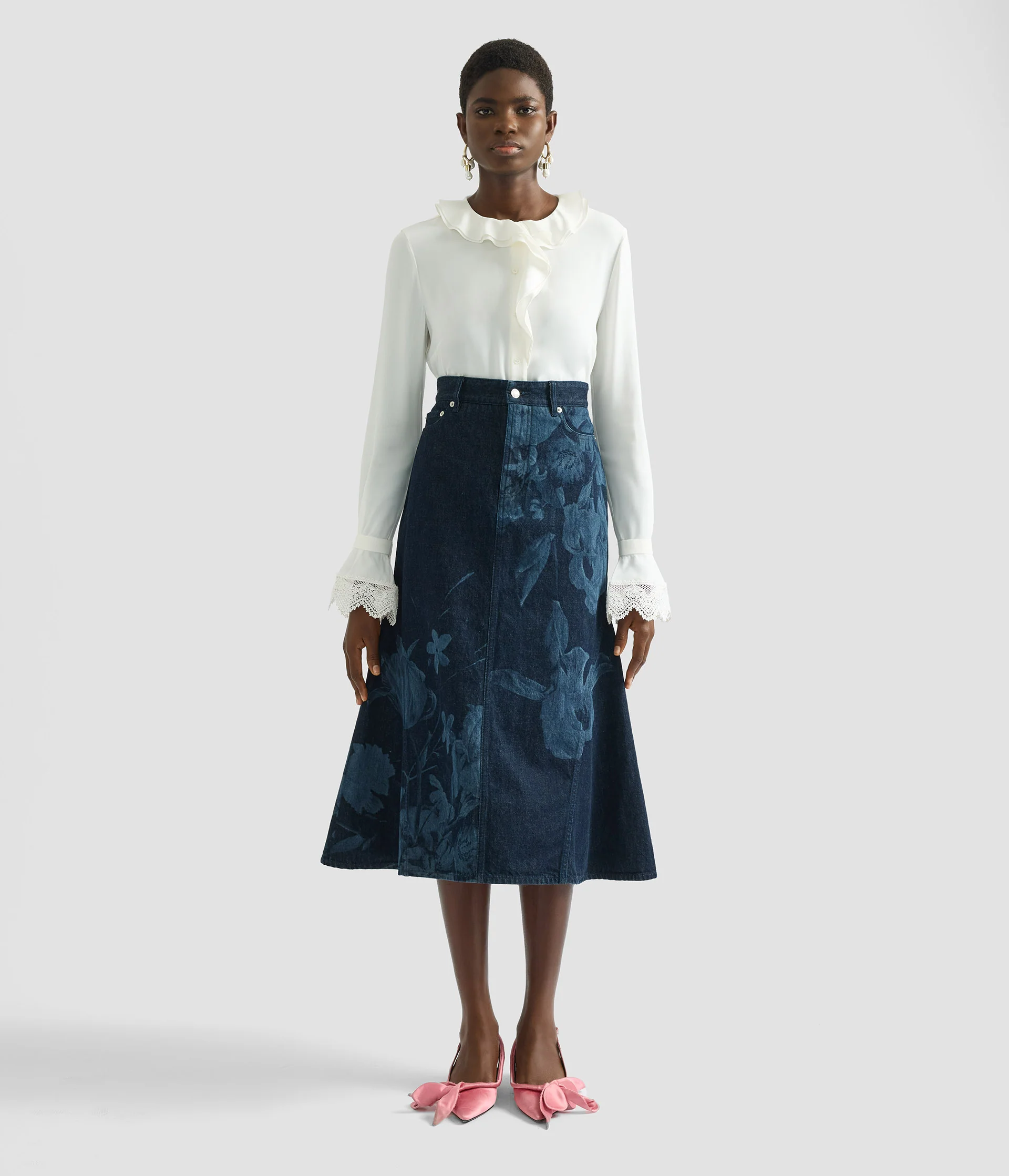 Printed Denim Flared Midi Skirt - Image 4
