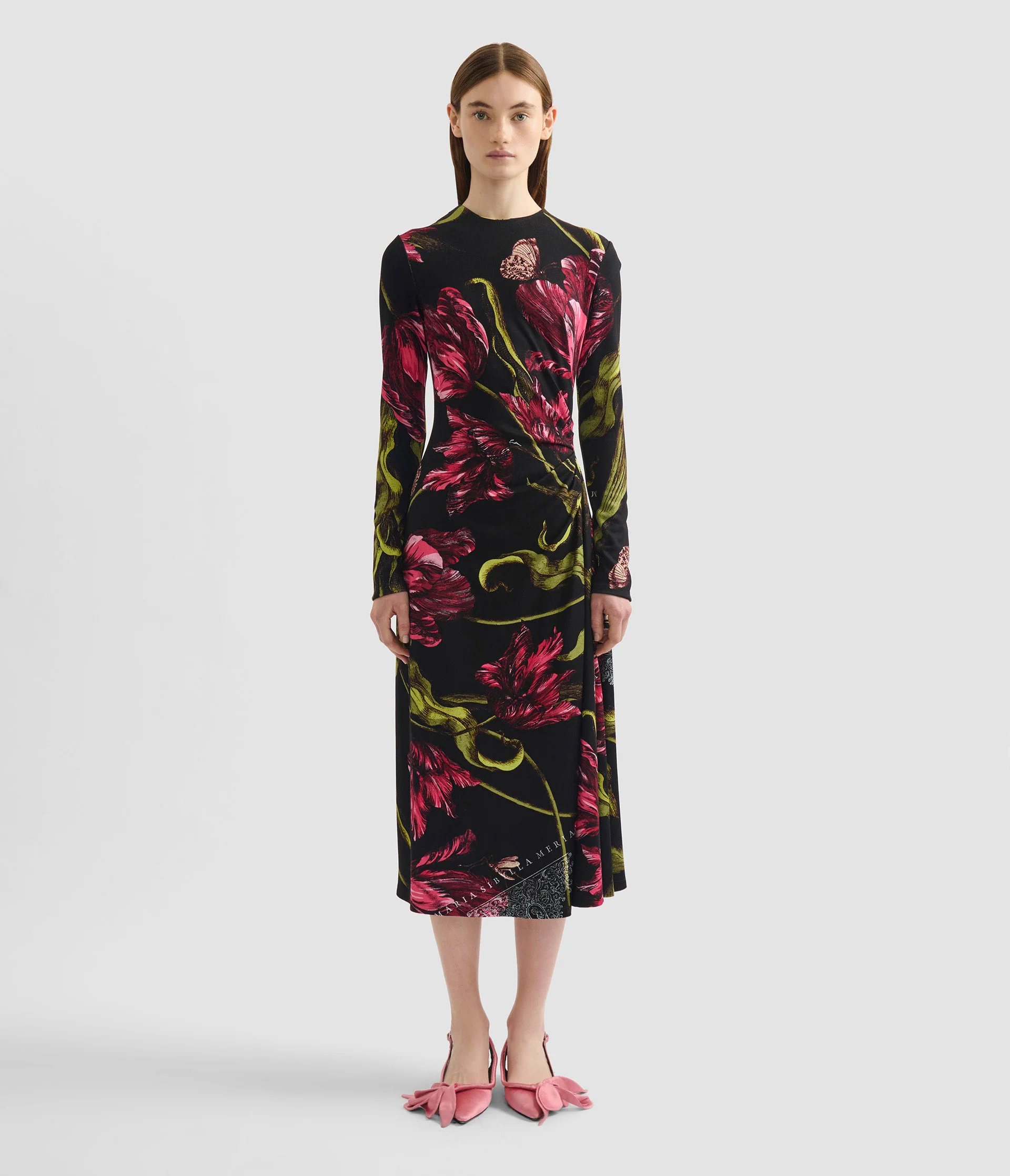 Floral Print Ponte Jersey Long Sleeve Midi Dress - Image 4