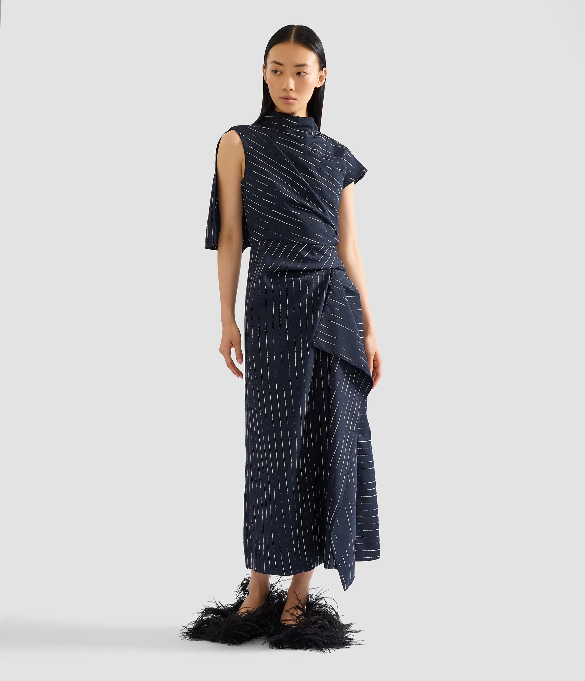 Stripe Tailoring Draped Midi Dress - Image 2